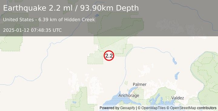 Earthquake 30 km WNW of Petersville, Alaska (2.2 ml) (2025-01-12 07:48:35 UTC)