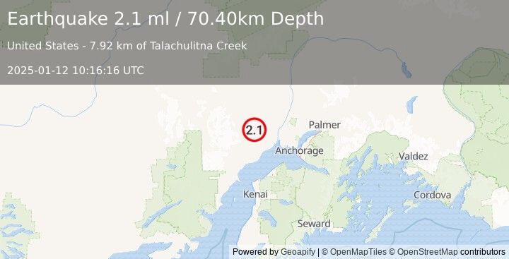 Earthquake 41 km W of Susitna, Alaska (2.1 ml) (2025-01-12 10:16:16 UTC)