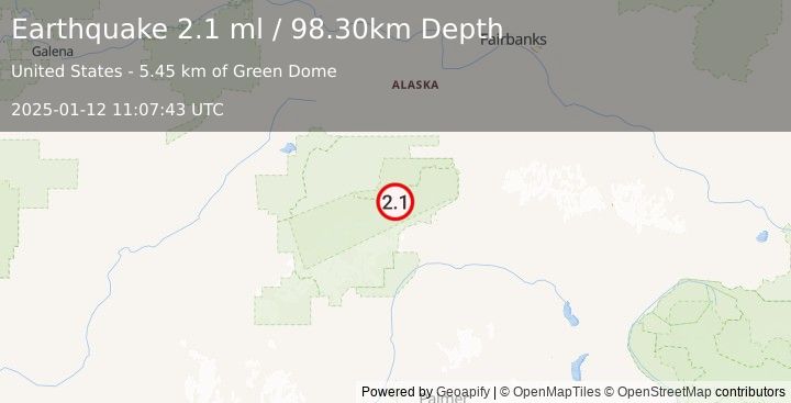 Earthquake 56 km W of Cantwell, Alaska (2.1 ml) (2025-01-12 11:07:43 UTC)