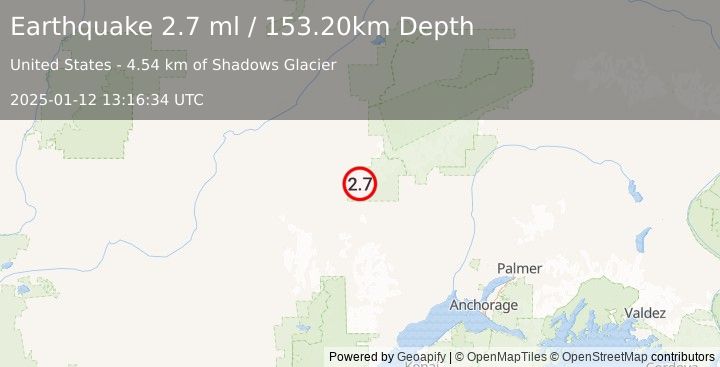 Earthquake 82 km NW of Skwentna, Alaska (2.7 ml) (2025-01-12 13:16:34 UTC)