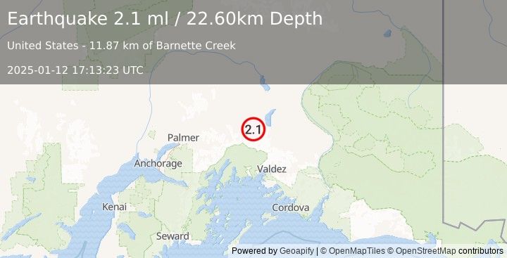 Earthquake 27 km SSE of Eureka Roadhouse, Alaska (2.1 ml) (2025-01-12 17:13:23 UTC)