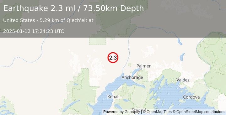 Earthquake 15 km SSE of Skwentna, Alaska (2.3 ml) (2025-01-12 17:24:23 UTC)