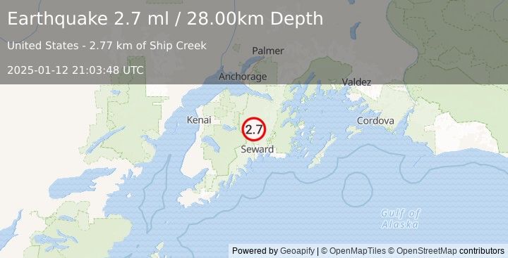 Earthquake 9 km W of Crown Point, Alaska (2.7 ml) (2025-01-12 21:03:48 UTC)