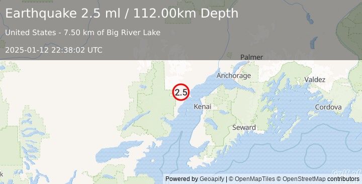 Earthquake 53 km WNW of Nikiski, Alaska (2.5 ml) (2025-01-12 22:38:02 UTC)