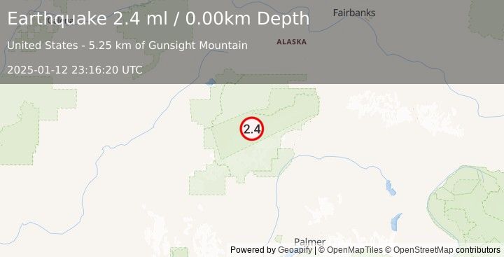 Earthquake 51 km SE of Denali National Park, Alaska (2.4 ml) (2025-01-12 23:16:20 UTC)