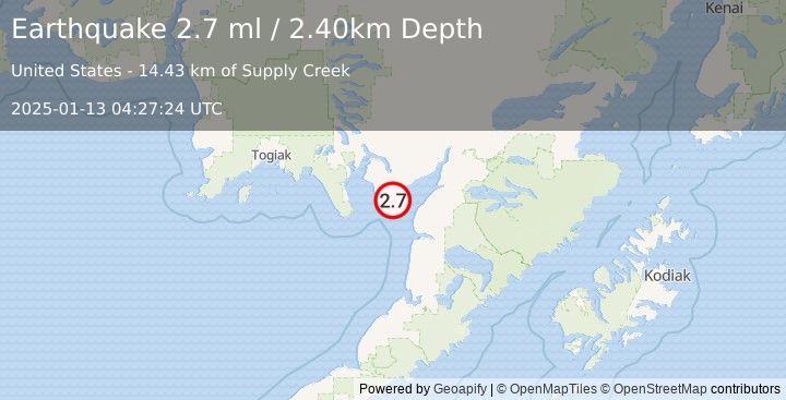 Earthquake 37 km SSW of Portage Creek, Alaska (2.7 ml) (2025-01-13 04:27:24 UTC)