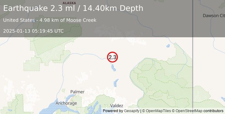 Earthquake 51 km N of Lake Louise, Alaska (2.3 ml) (2025-01-13 05:19:45 UTC)