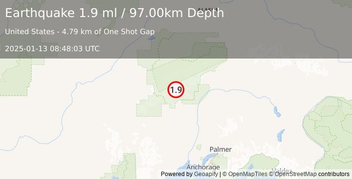 Earthquake 43 km NNW of Petersville, Alaska (1.9 ml) (2025-01-13 08:48:03 UTC)