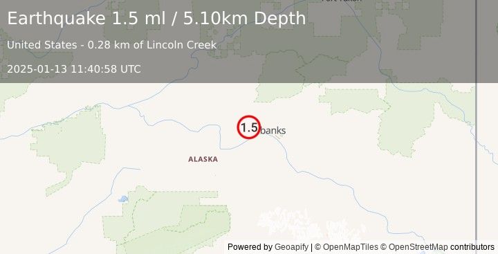 Earthquake 10 km WNW of Ester, Alaska (1.5 ml) (2025-01-13 11:40:58 UTC)