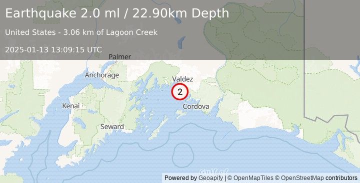 Earthquake 11 km E of Tatitlek, Alaska (2.0 ml) (2025-01-13 13:09:15 UTC)