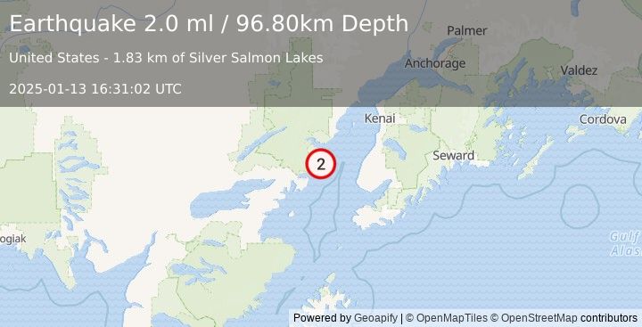 Earthquake 54 km W of Happy Valley, Alaska (2.0 ml) (2025-01-13 16:31:02 UTC)