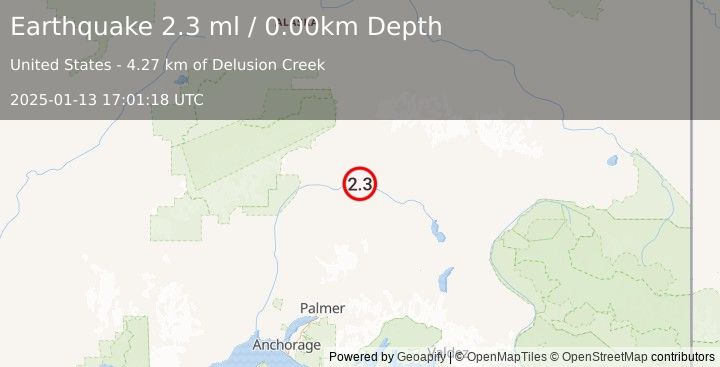 Earthquake 66 km SSE of Cantwell, Alaska (2.3 ml) (2025-01-13 17:01:18 UTC)