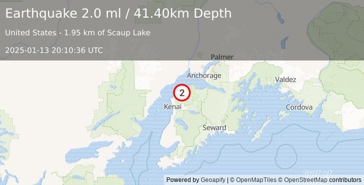 Earthquake 11 km SW of Point Possession, Alaska (2.0 ml) (2025-01-13 20:10:36 UTC)