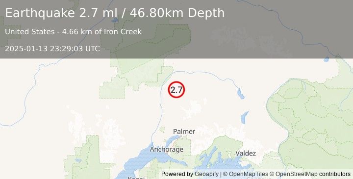 Earthquake 33 km E of Chase, Alaska (2.7 ml) (2025-01-13 23:29:03 UTC)