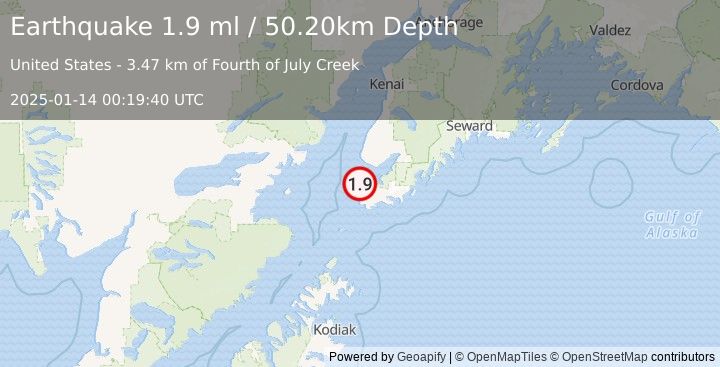 Earthquake 7 km WNW of Seldovia, Alaska (1.9 ml) (2025-01-14 00:19:40 UTC)