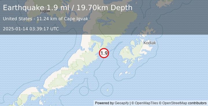 Earthquake 88 km WSW of Karluk, Alaska (1.9 ml) (2025-01-14 03:39:17 UTC)