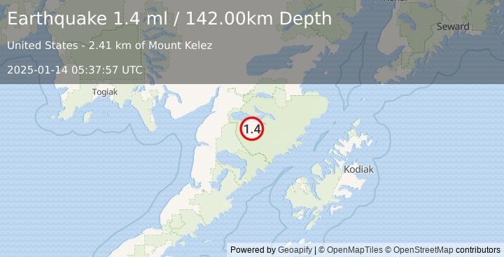 Earthquake 58 km ESE of King Salmon, Alaska (1.4 ml) (2025-01-14 05:37:57 UTC)