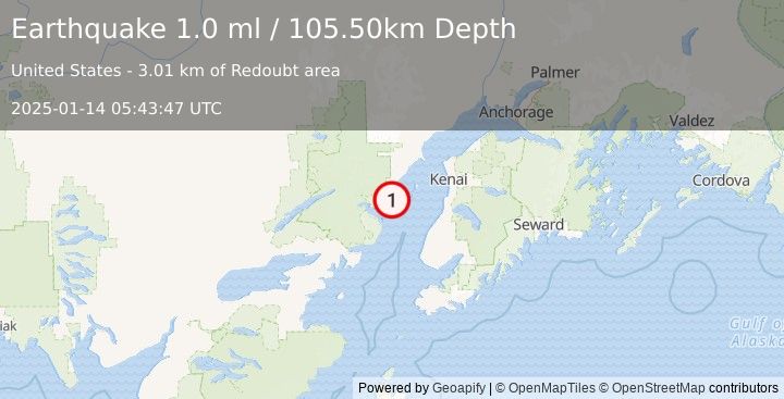 Earthquake 52 km NW of Ninilchik, Alaska (1.0 ml) (2025-01-14 05:43:47 UTC)