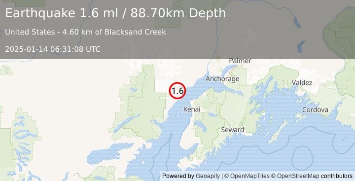 Earthquake 42 km WSW of Tyonek, Alaska (1.6 ml) (2025-01-14 06:31:08 UTC)