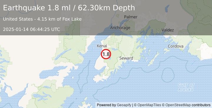 Earthquake 20 km ESE of Kasilof, Alaska (1.8 ml) (2025-01-14 06:44:25 UTC)