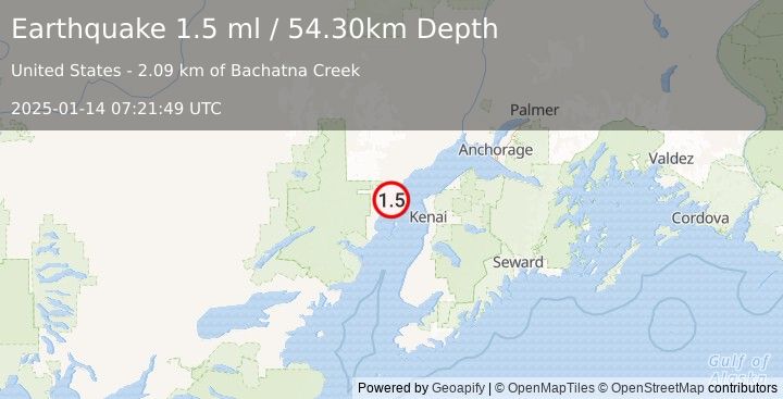 Earthquake 38 km W of Nikiski, Alaska (1.5 ml) (2025-01-14 07:21:49 UTC)