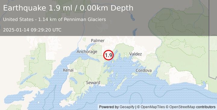 Earthquake 40 km NNE of Whittier, Alaska (1.9 ml) (2025-01-14 09:29:20 UTC)