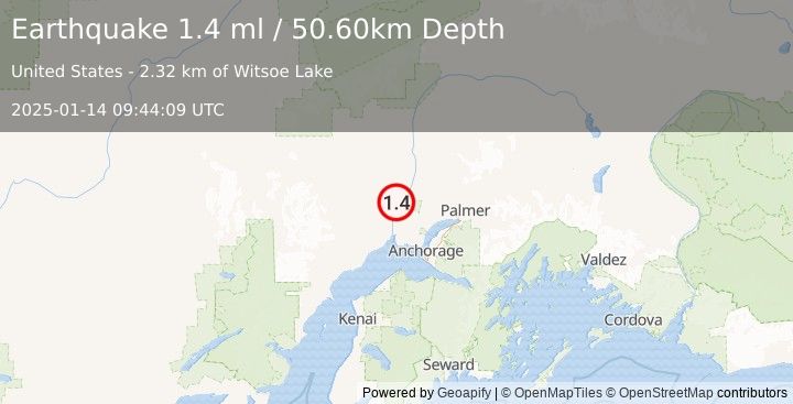 Earthquake 14 km N of Susitna, Alaska (1.4 ml) (2025-01-14 09:44:09 UTC)