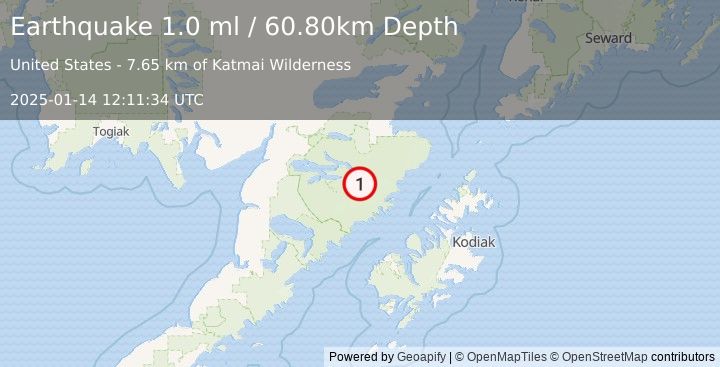 Earthquake 103 km NNW of Karluk, Alaska (1.0 ml) (2025-01-14 12:11:34 UTC)