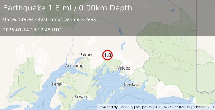 Earthquake 25 km SSE of Glacier View, Alaska (1.8 ml) (2025-01-14 13:12:45 UTC)