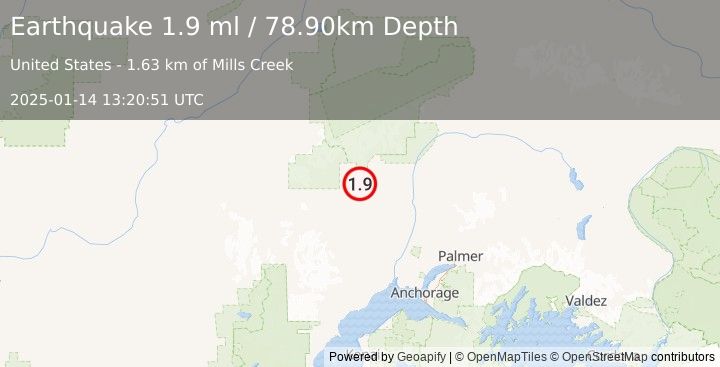 Earthquake 33 km WSW of Petersville, Alaska (1.9 ml) (2025-01-14 13:20:51 UTC)