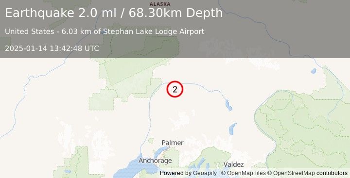 Earthquake 64 km ENE of Chase, Alaska (2.0 ml) (2025-01-14 13:42:48 UTC)