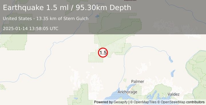 Earthquake 53 km WNW of Petersville, Alaska (1.5 ml) (2025-01-14 13:58:05 UTC)