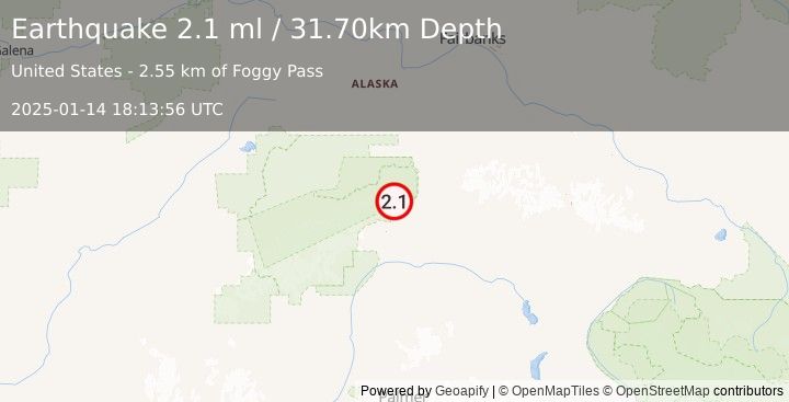 Earthquake 16 km W of Cantwell, Alaska (2.1 ml) (2025-01-14 18:13:56 UTC)