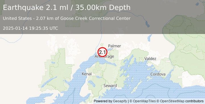 Earthquake 3 km WNW of Point MacKenzie, Alaska (2.1 ml) (2025-01-14 19:25:35 UTC)