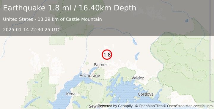 Earthquake 19 km NNW of Chickaloon, Alaska (1.8 ml) (2025-01-14 22:30:25 UTC)