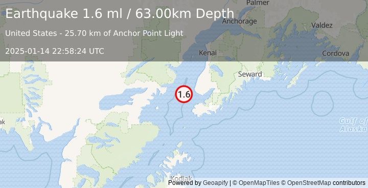 Earthquake 27 km WSW of Anchor Point, Alaska (1.6 ml) (2025-01-14 22:58:24 UTC)