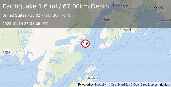 Earthquake 66 km ESE of Pedro Bay, Alaska (1.6 ml) (2025-01-14 23:34:06 UTC)