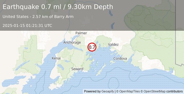 Earthquake 38 km NE of Whittier, Alaska (0.7 ml) (2025-01-15 01:21:31 UTC)