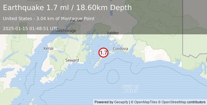 Earthquake 56 km SSW of Tatitlek, Alaska (1.7 ml) (2025-01-15 01:48:51 UTC)