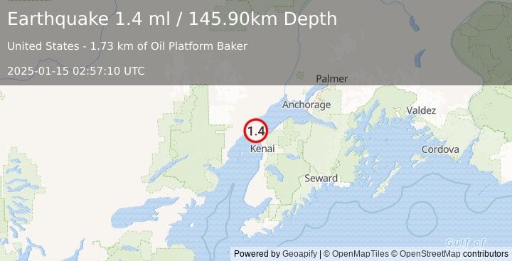 Earthquake 17 km NNW of Nikiski, Alaska (1.4 ml) (2025-01-15 02:57:10 UTC)