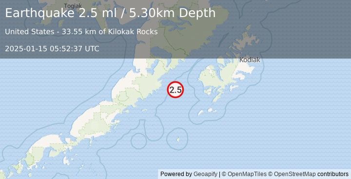 Earthquake 96 km SW of Karluk, Alaska (2.5 ml) (2025-01-15 05:52:37 UTC)