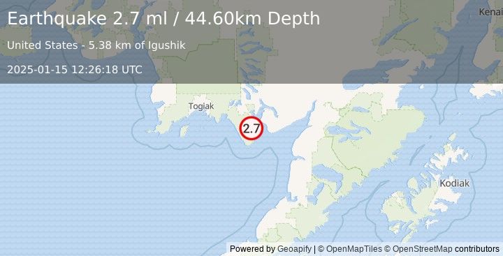 Earthquake 20 km SW of Clarks Point, Alaska (2.7 ml) (2025-01-15 12:26:18 UTC)