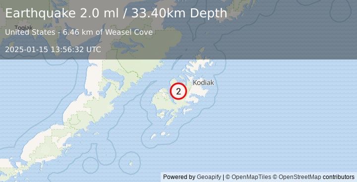 Earthquake 28 km E of Larsen Bay, Alaska (2.0 ml) (2025-01-15 13:56:32 UTC)