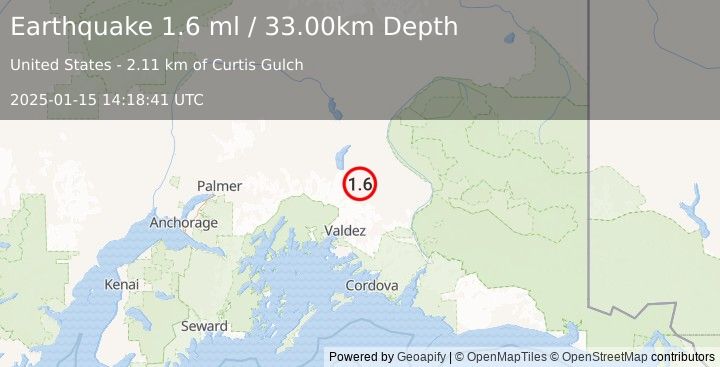 Earthquake 45 km W of Tonsina, Alaska (1.6 ml) (2025-01-15 14:18:41 UTC)