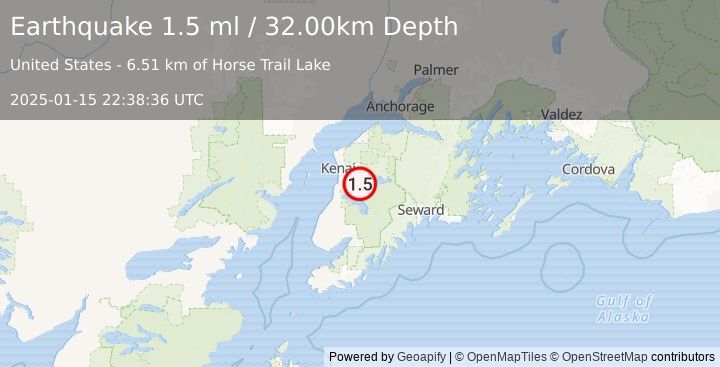 Earthquake 13 km S of Funny River, Alaska (1.5 ml) (2025-01-15 22:38:36 UTC)