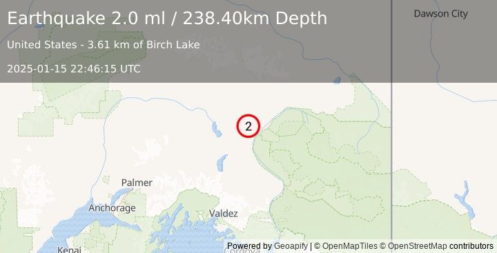 Earthquake 19 km NW of Gakona, Alaska (2.0 ml) (2025-01-15 22:46:15 UTC)