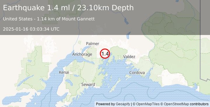 Earthquake 46 km ESE of Knik River, Alaska (1.4 ml) (2025-01-16 03:03:34 UTC)