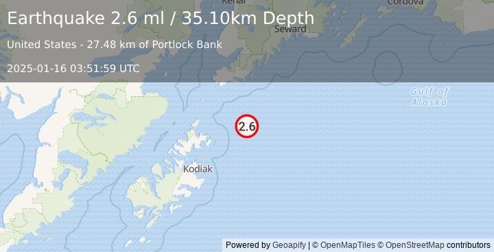 Earthquake 109 km SSE of Port Graham, Alaska (2.6 ml) (2025-01-16 03:51:59 UTC)