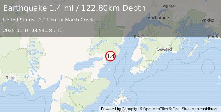 Earthquake 45 km E of Pedro Bay, Alaska (1.4 ml) (2025-01-16 03:54:28 UTC)