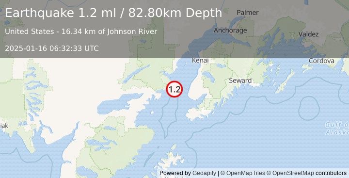 Earthquake 36 km WNW of Anchor Point, Alaska (1.2 ml) (2025-01-16 06:32:33 UTC)